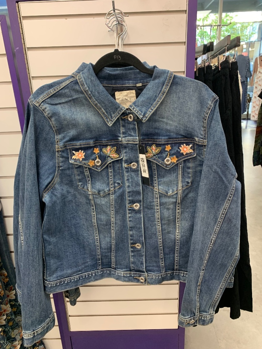 Grace In LA denim jacket wit embroidered flowers